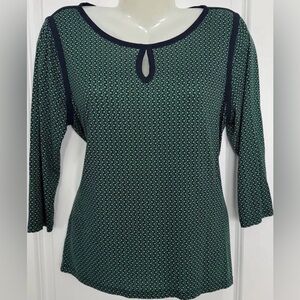 Ann Taylor Green & Navy Geometric Print Keyhole Front Top